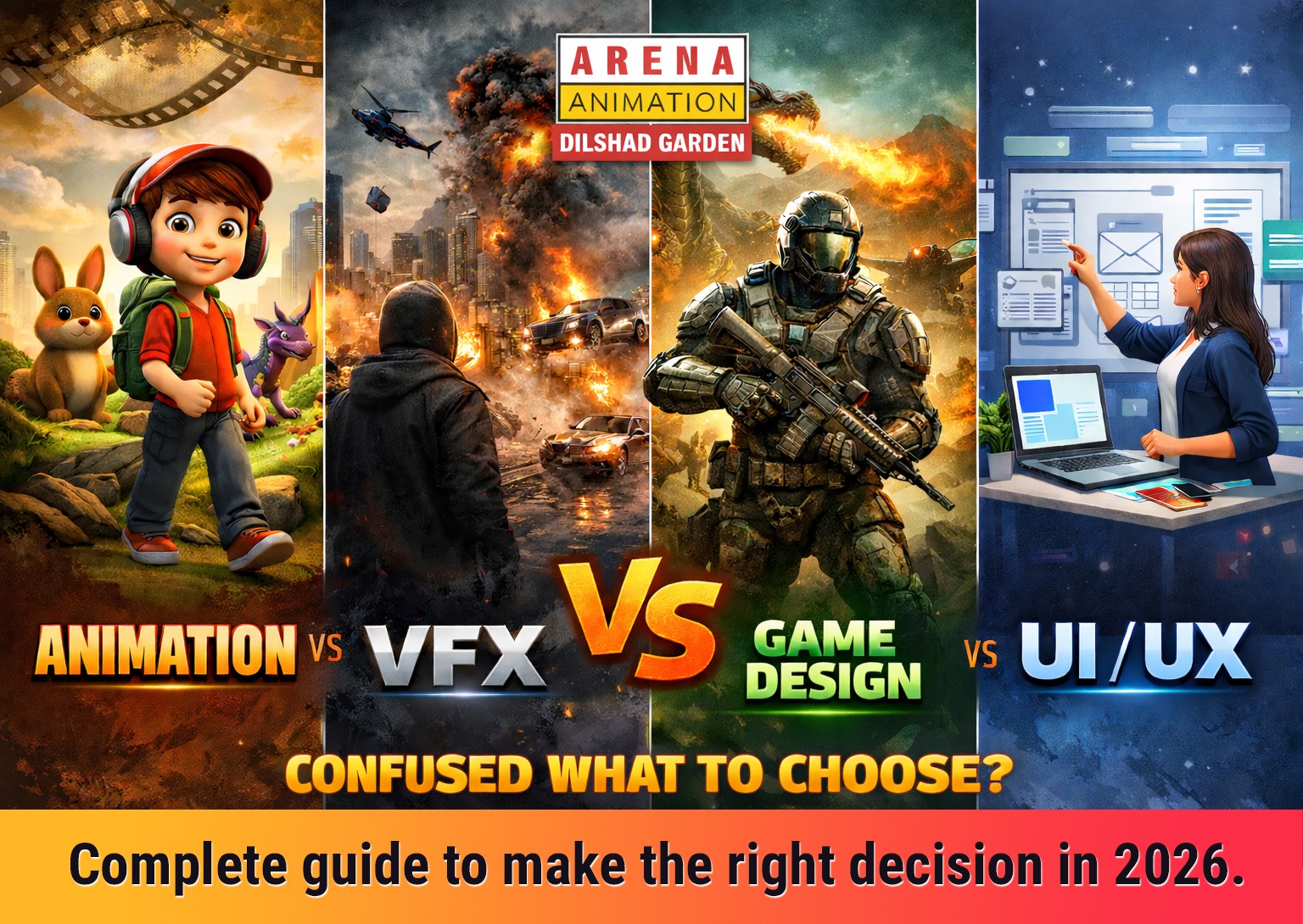 Animation vs VFX vs Game Design vs UI UX — complete creative career comparison 2026, Arena Animation Dilshad Garden